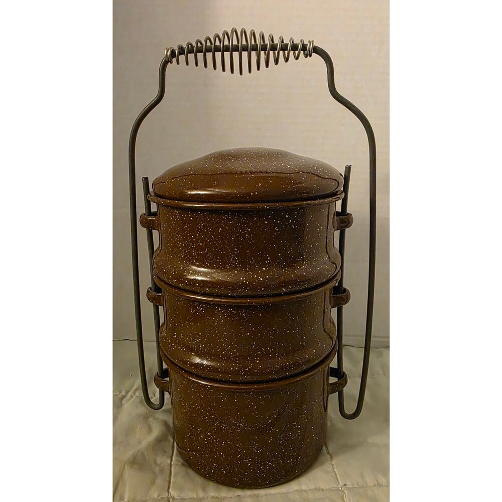 Vtg. Stackable 3 bowl Bento Enamelware Wire Carrier Brown Speckle